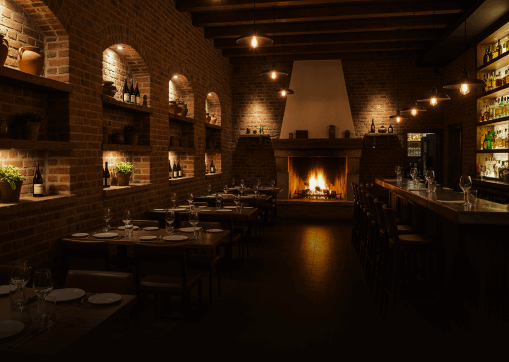 A restaurant with warm light.