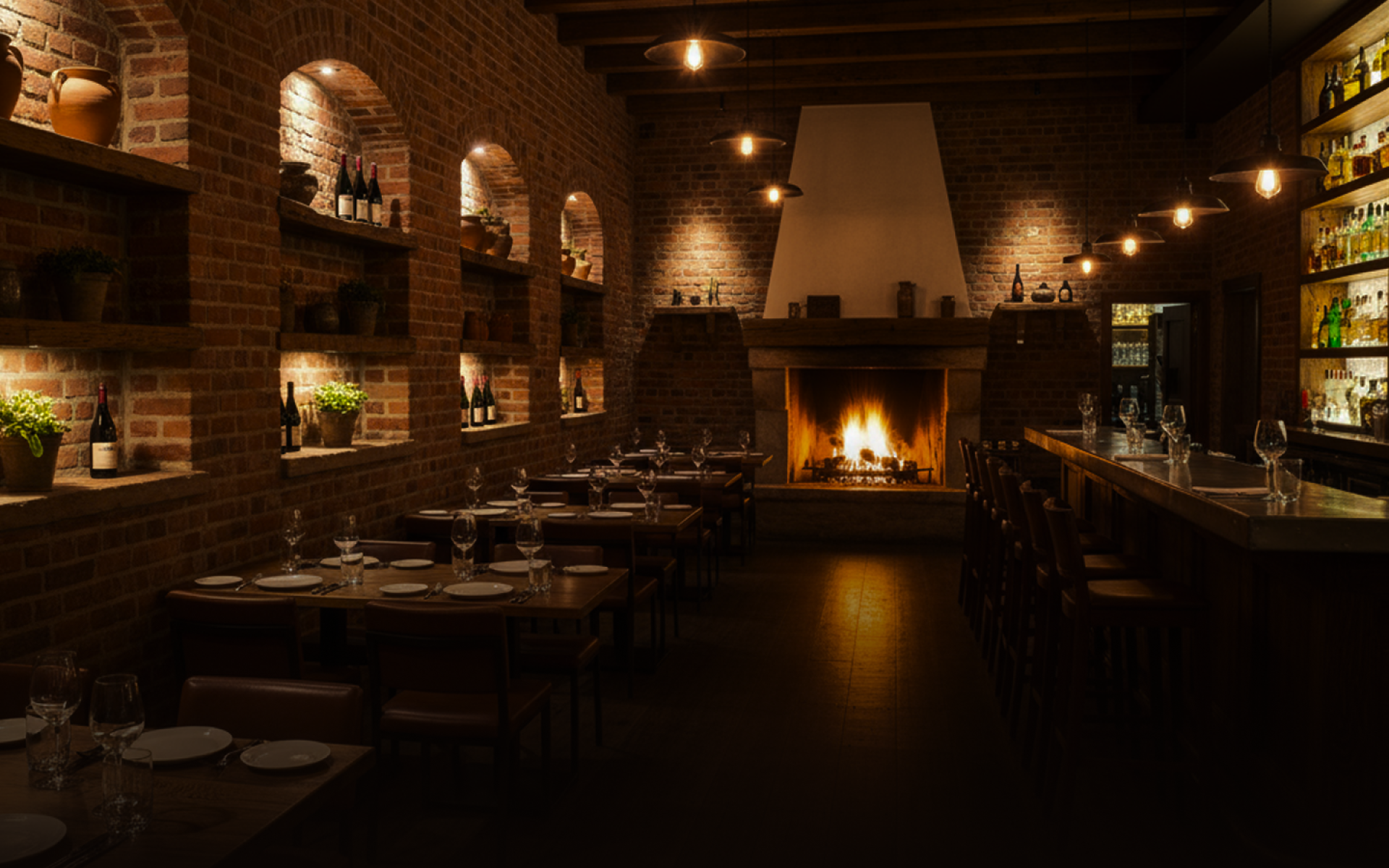 A restaurant with warm light.